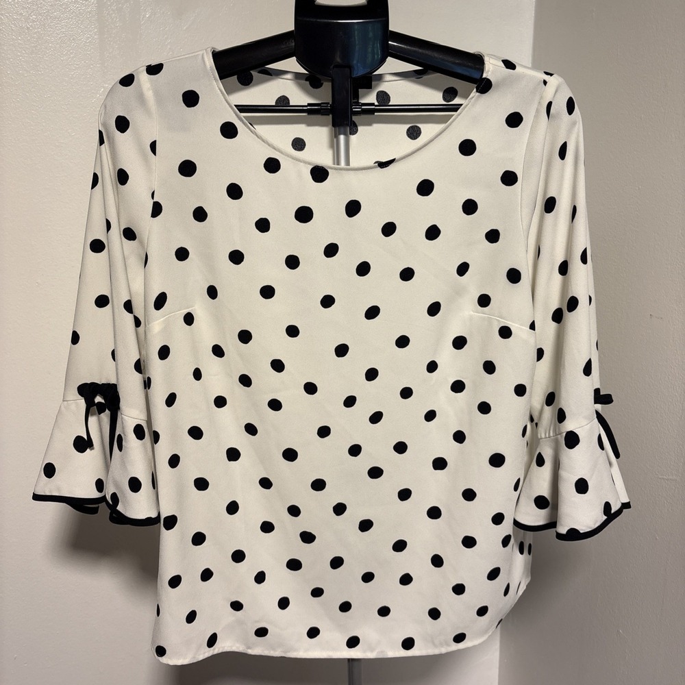 Talbots Petites Black & White Polka Dot Blouse With Ruffle Sleeves Size LP